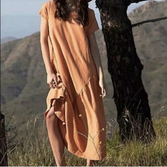 Free People FP Beach Lena Maxi Cotton Linen Oversized Dress Terra Cotta Orange M - Picture 1 of 14